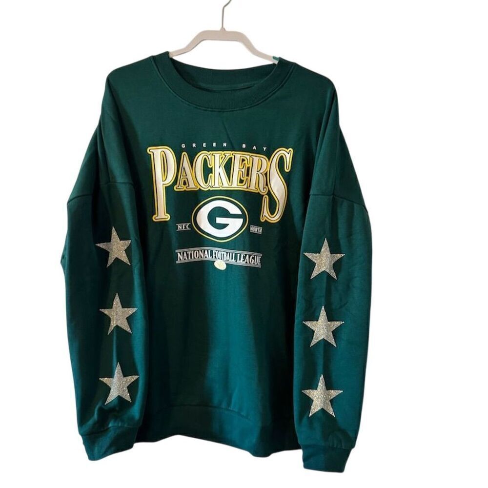 Green Bay Packers NFL Women's Rhinestone Star Sleeve Sweatshirt Green Size Large